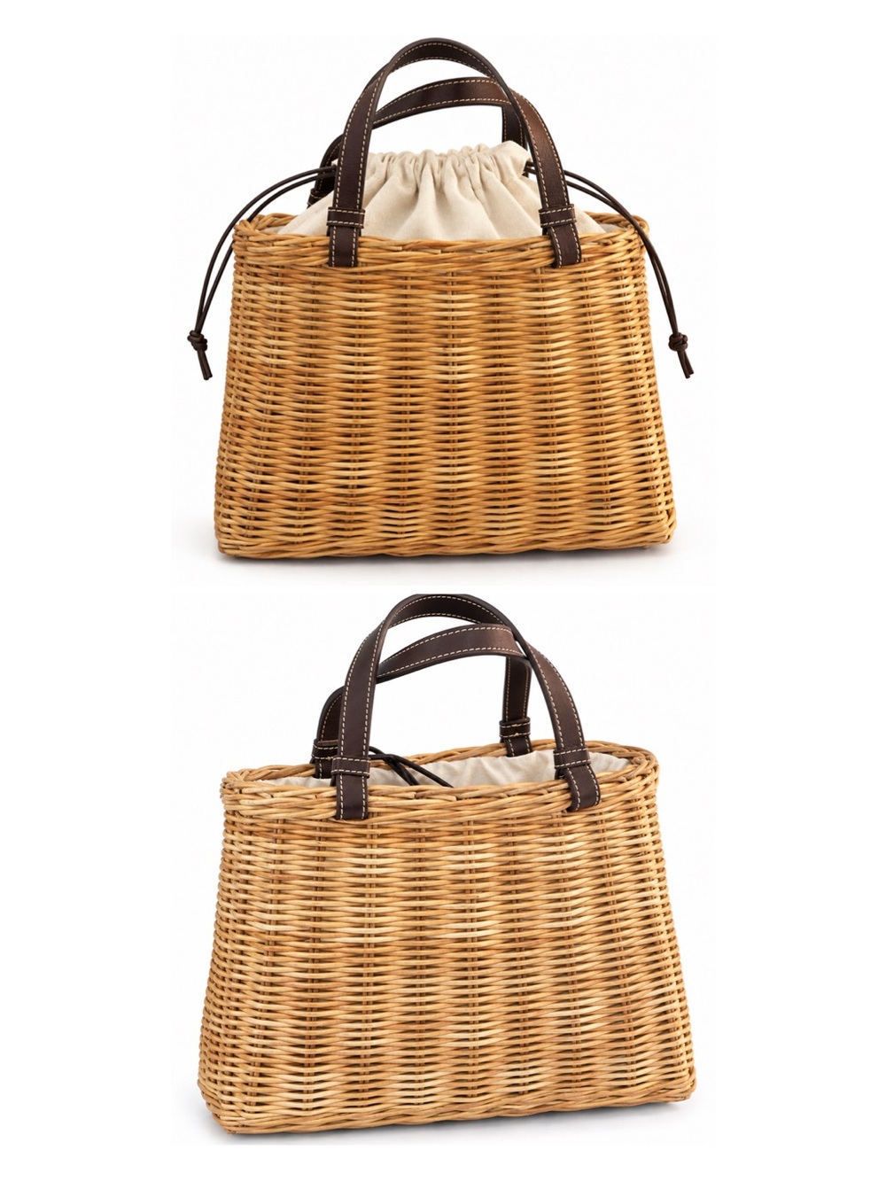 Ann Taylor Vintage Wicker Basket Tote Handbag Brown Leather Handles Drawstring